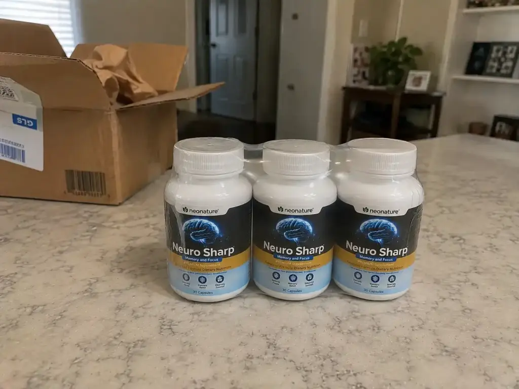 Neuro Sharp 3 bottle bundle with opened shipping box and sealed packaging