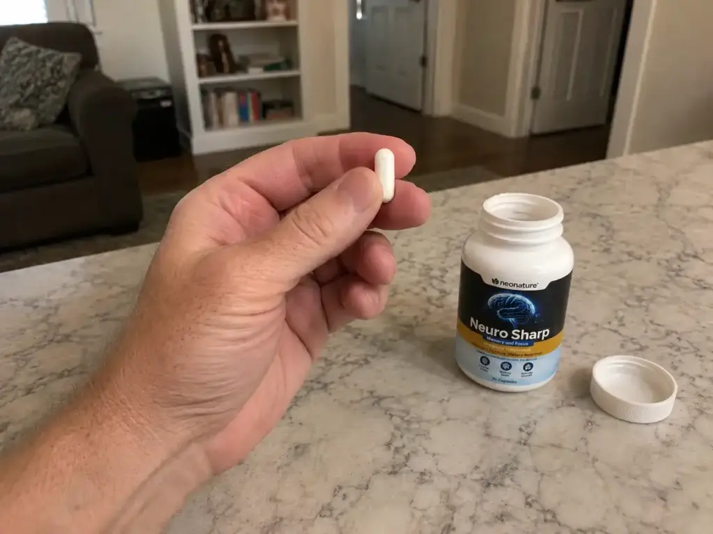 Neuro Sharp capsule with open supplement bottle on marble countertop