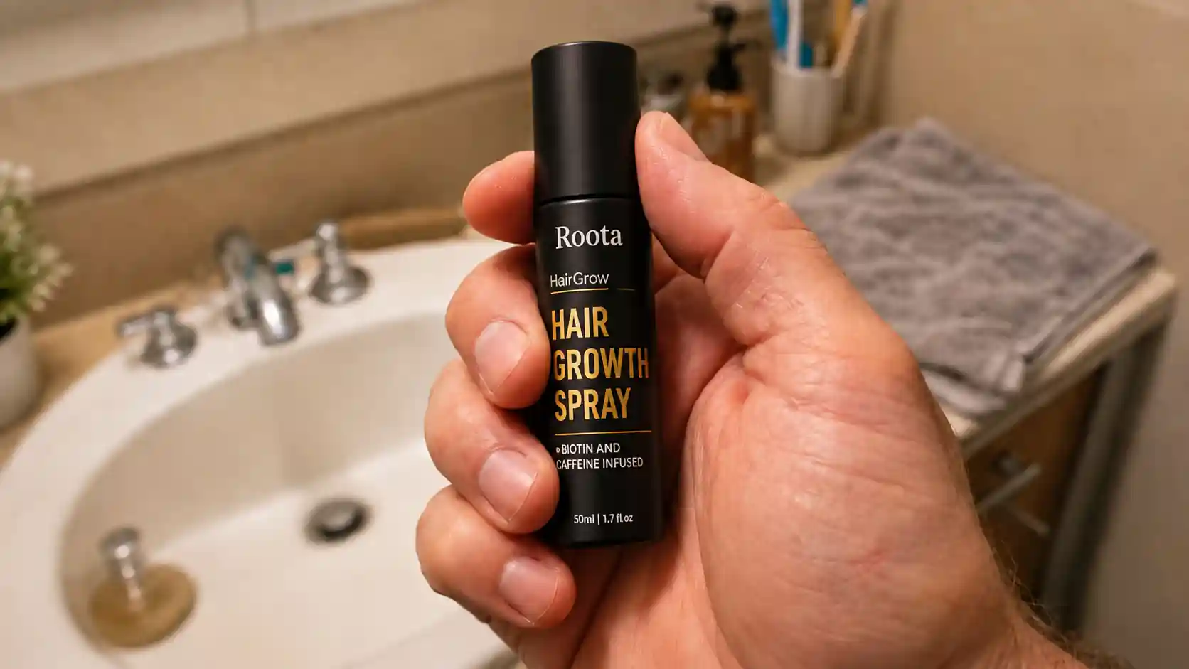 hand holding roota hair growth spray