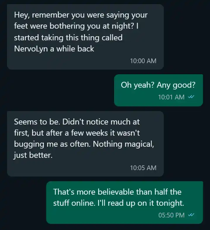 Chat conversation about NervoLyn supplement recommendation from a coworker
