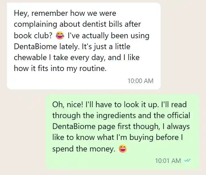 DentaBiome supplement recommendation in a text conversation