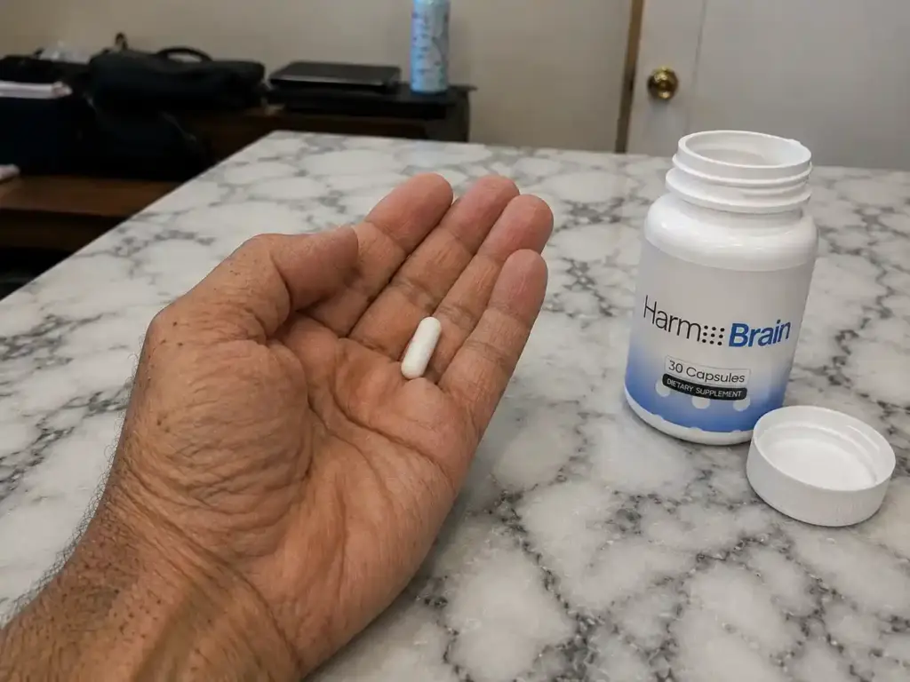 Harmo Brain memory support capsule with open supplement bottle
