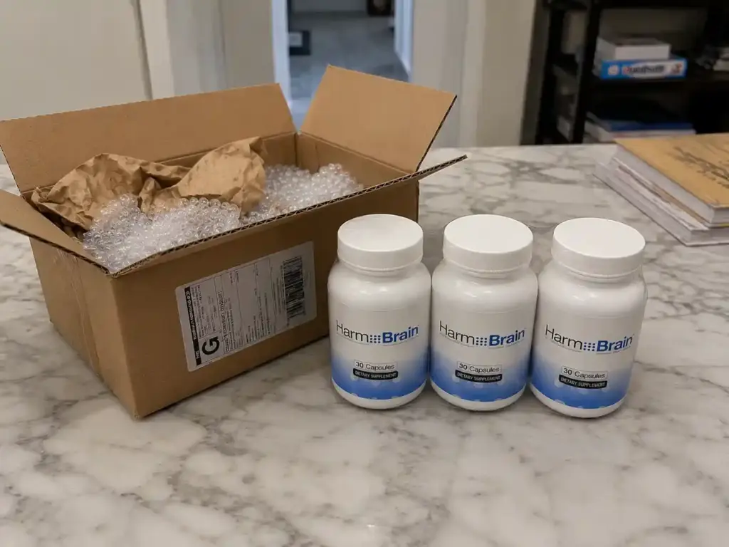 Harmo Brain supplement bottles with opened delivery package