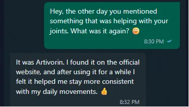 WhatsApp chat where a coworker recommends Artivorin after finding it on the official website.