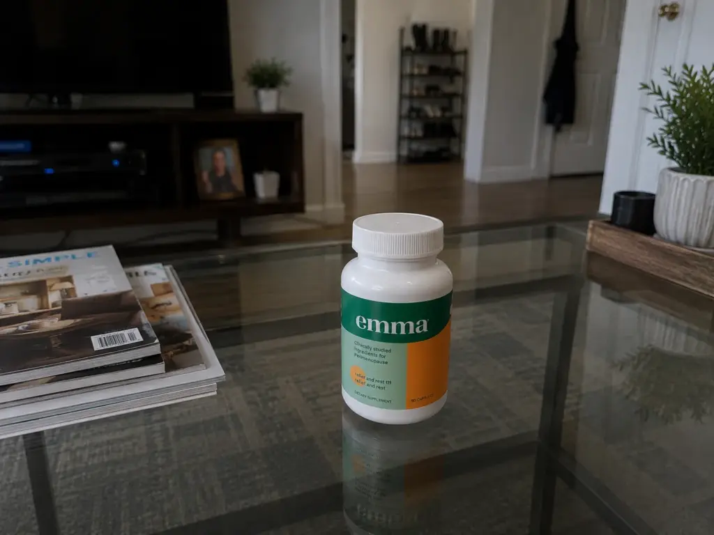 Emma Relief supplement bottle on glass table