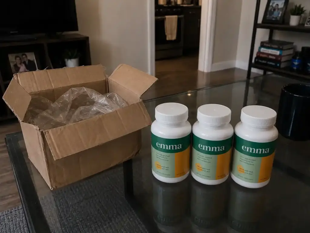 Emma Relief supplement bottles with shipping box