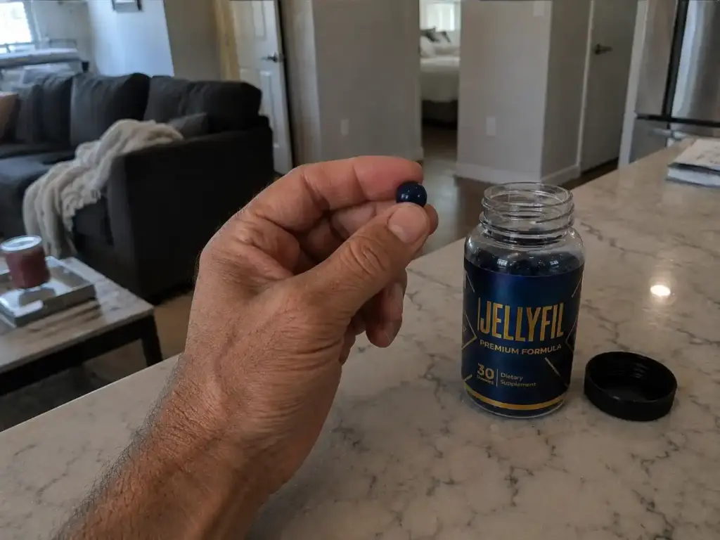 Hand JellyFil gummy with opened supplement bottle