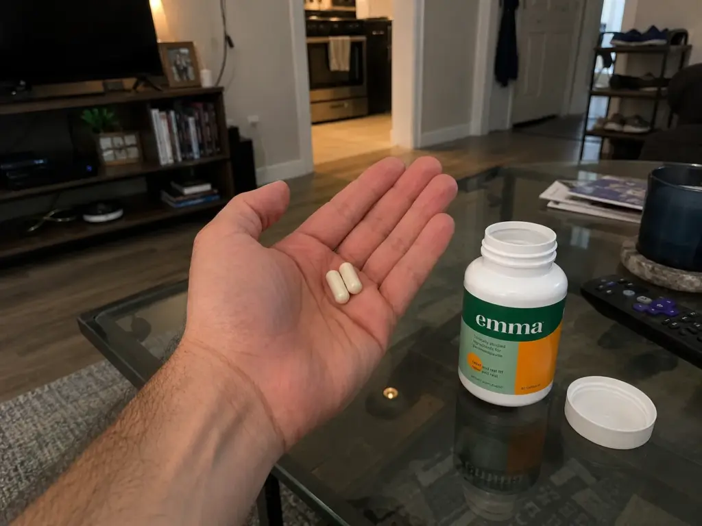 Hand holding Emma Relief capsules beside open bottle