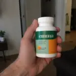 Hand holding Emma Relief supplement bottle