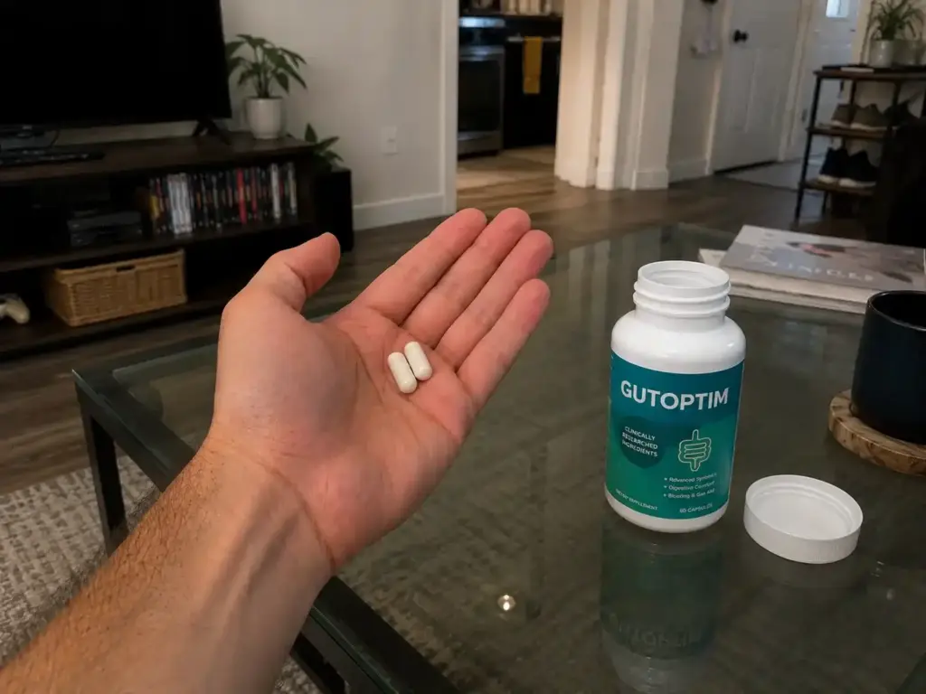 Hand holding GutOtim capsules beside open bottle