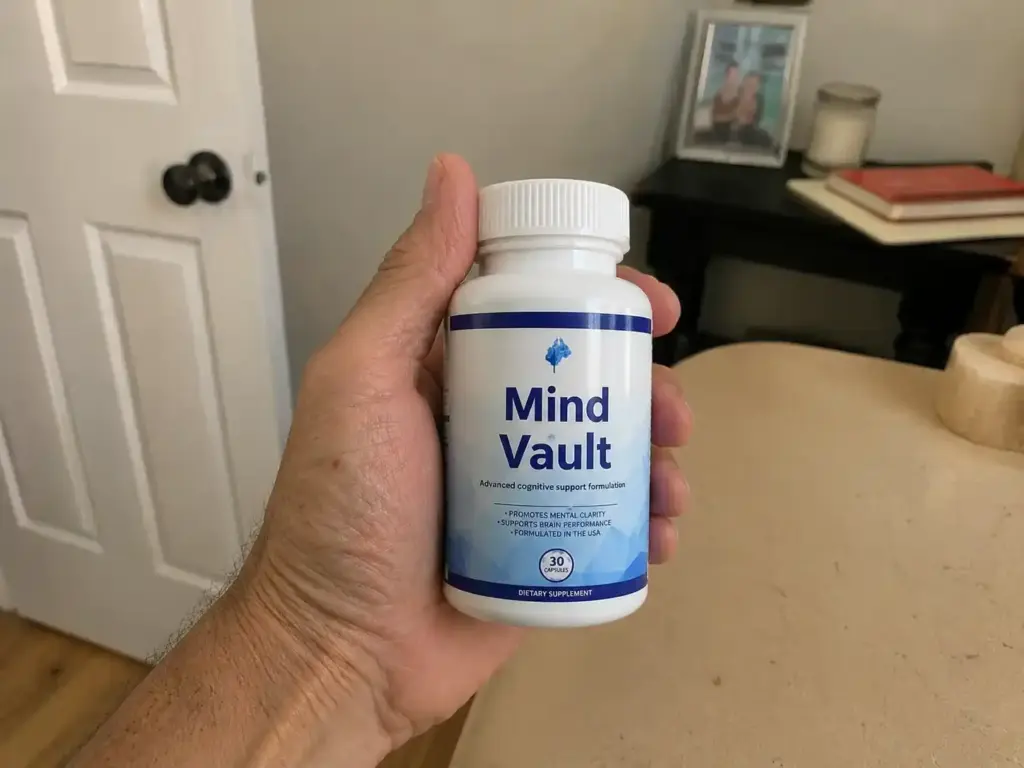 Hand holding Mind Vault memory supplement