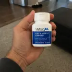 Hand holding Omega XL joint support bottle