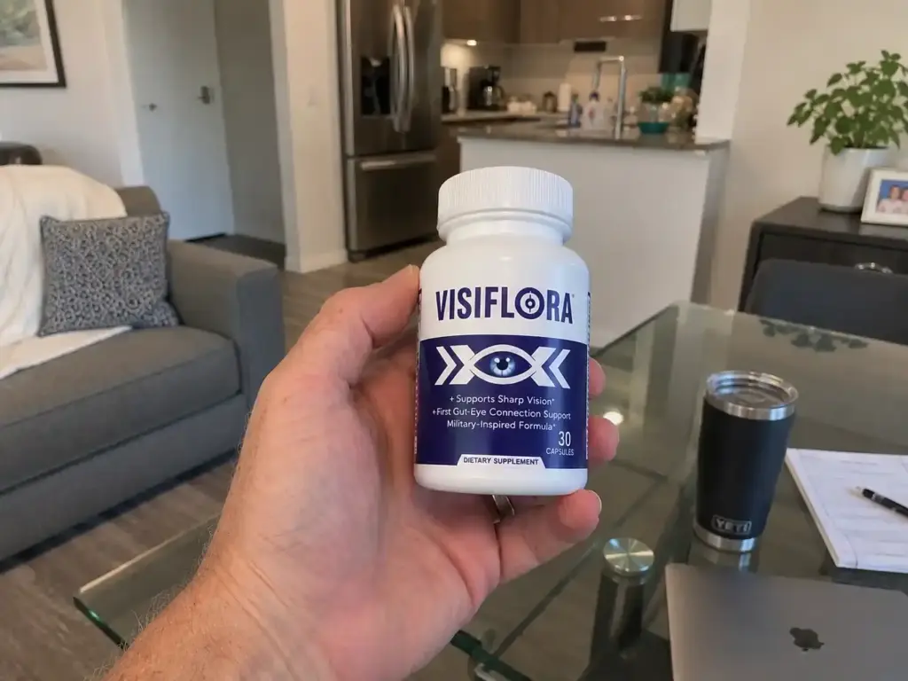 Hand holding VisiFlora supplement bottle