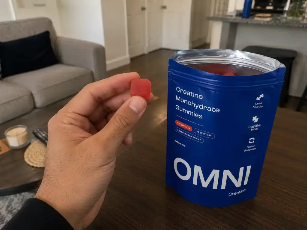 Hand holding an Omni Creatine gummy beside an opened Omni Creatine pouch.