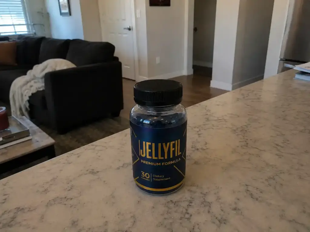 JellyFil Supplement bottle on kitchen countertop
