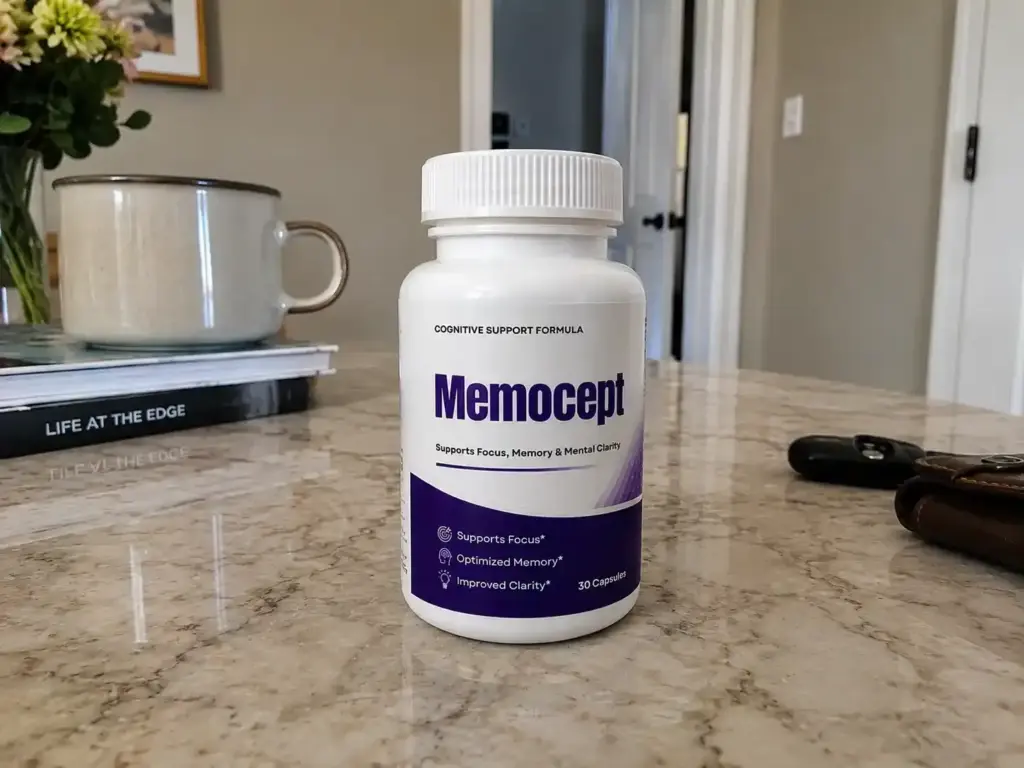 Memocept brain supplement bottle on marble table