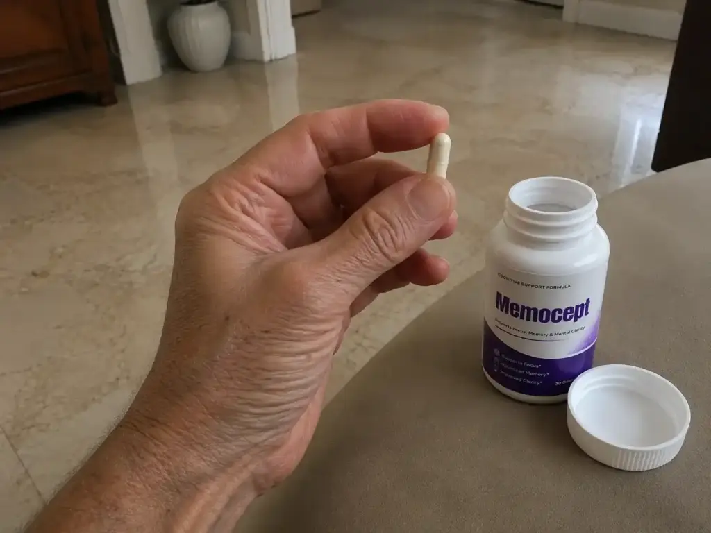 Memocept capsule with opened supplement bottle