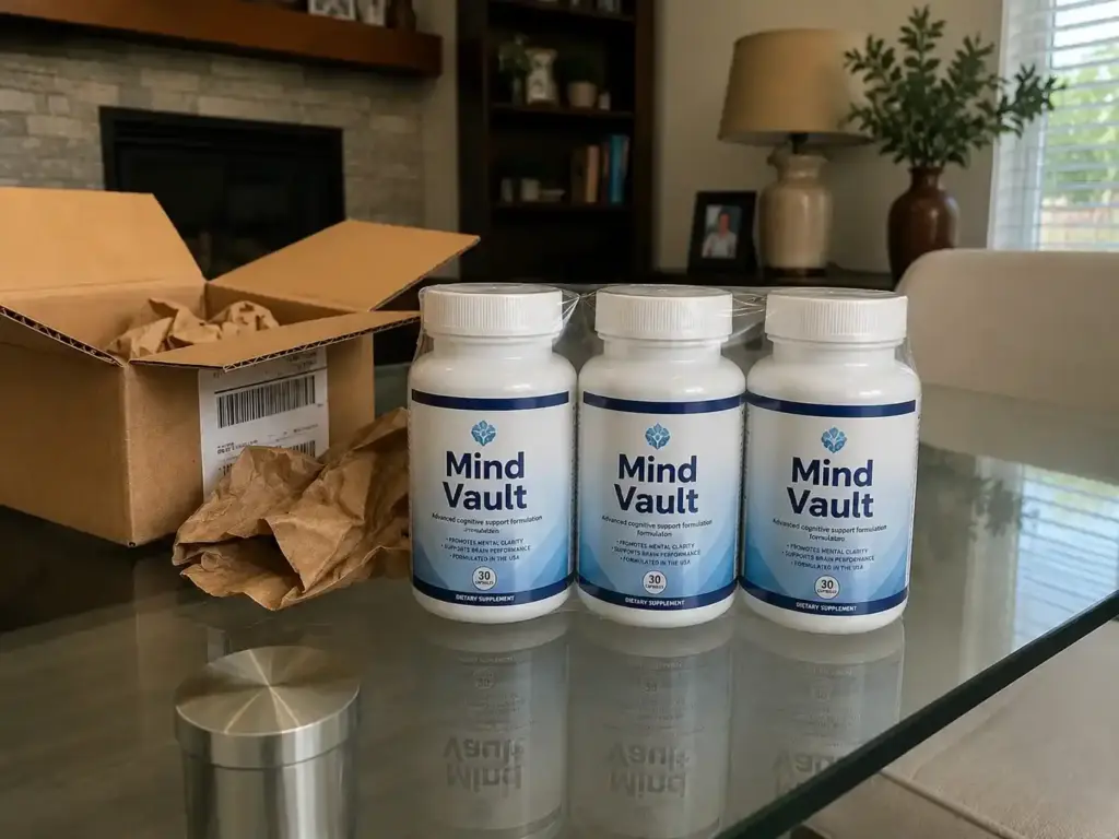 Mind Vault unboxing with three supplement bottles