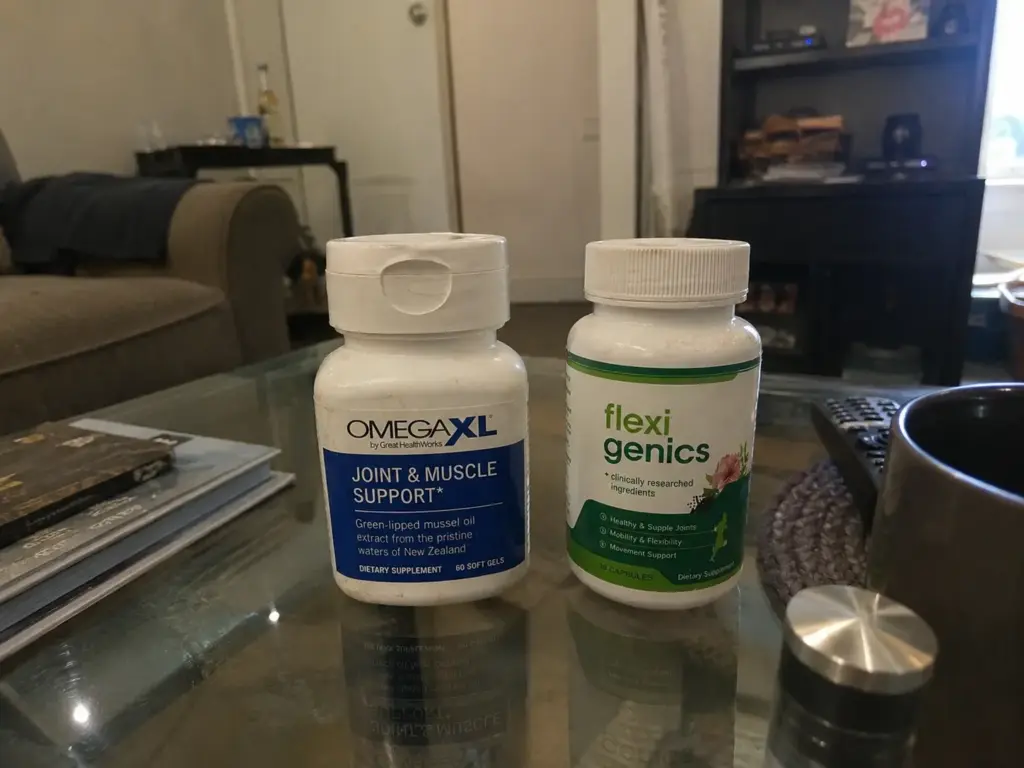 Omega XL and Flexigenics joint support supplements on table