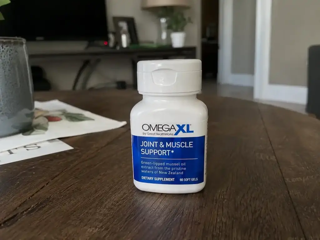 Omega XL joint support supplement bottle on table
