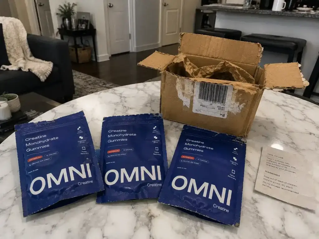 Omni Creatine unboxing with three pouches, shipping box, and instruction card on a table.