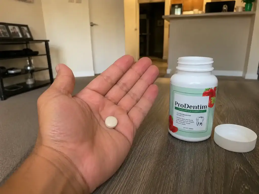 ProDentim chewable tablet with opened bottle