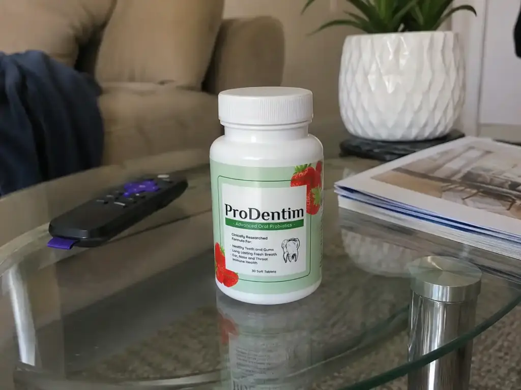ProDentim oral health supplement on glass table