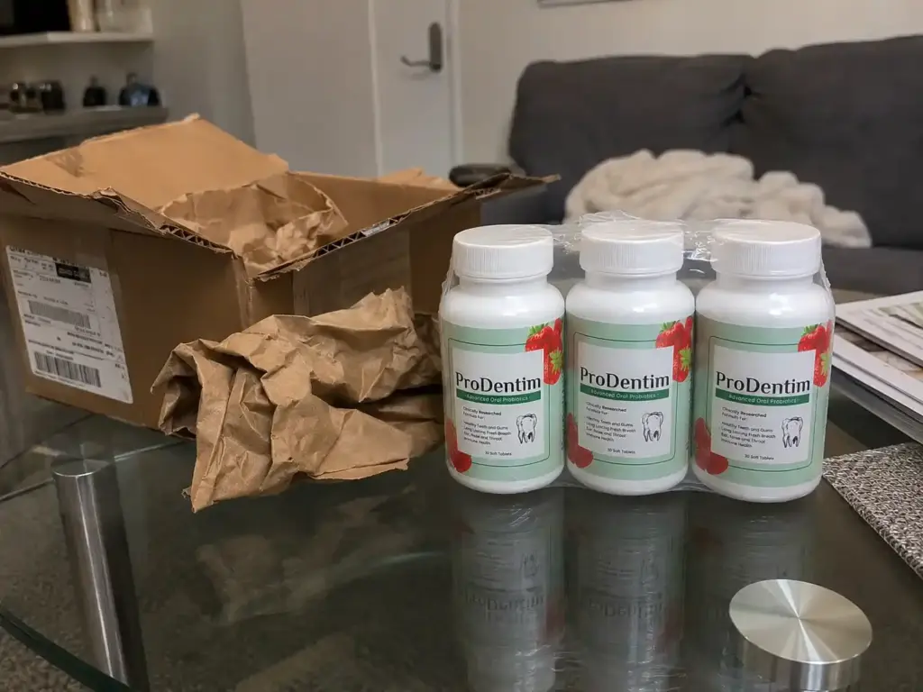 ProDentim unboxing with three oral probiotic bottles