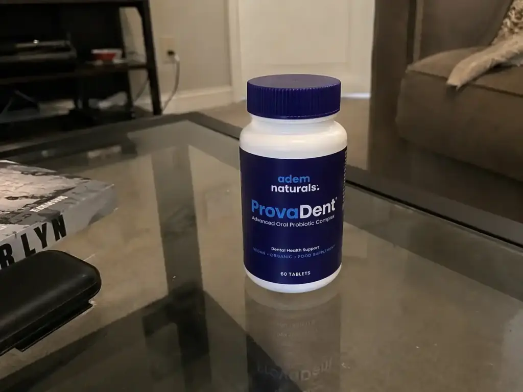 ProvaDent oral health supplement on glass table