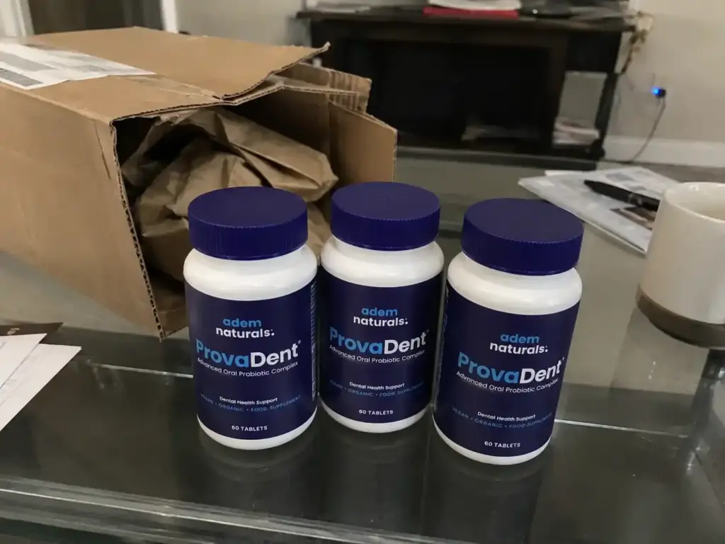 ProvaDent unboxing with three oral probiotic bottles