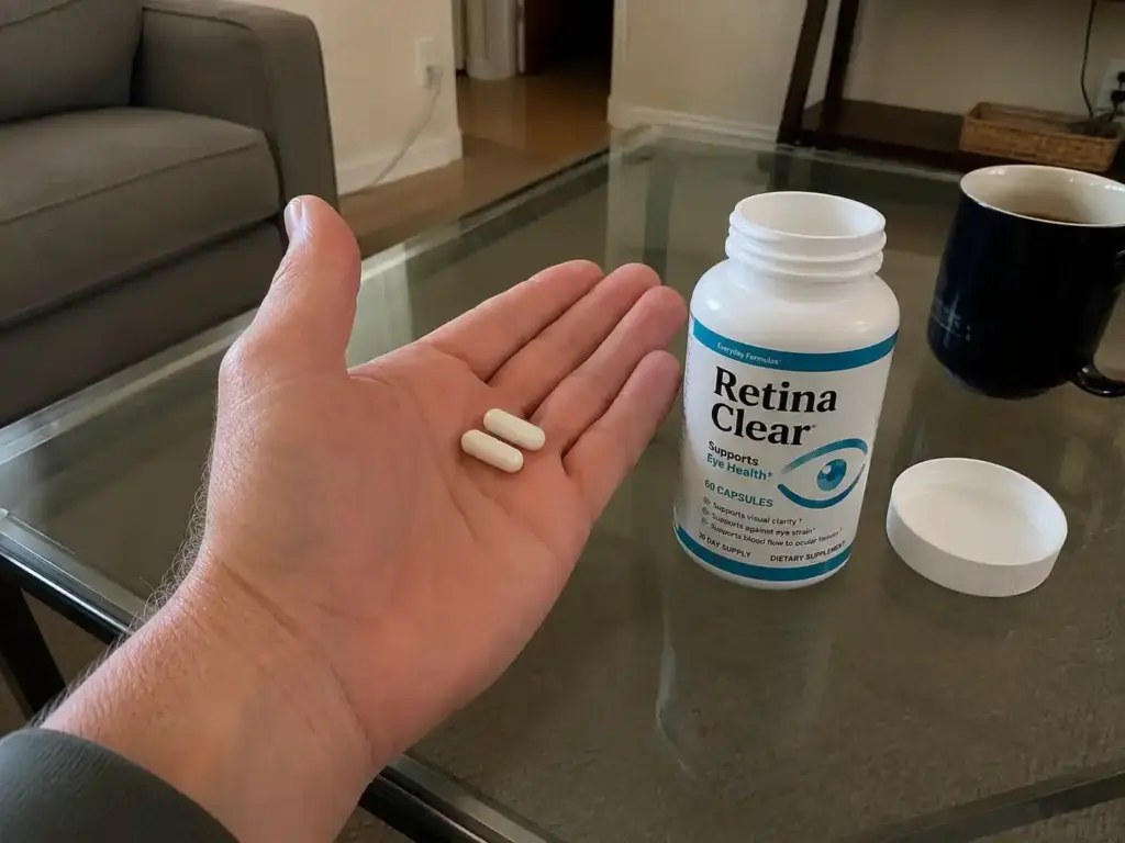 Retina Clear capsules with opened supplement bottle