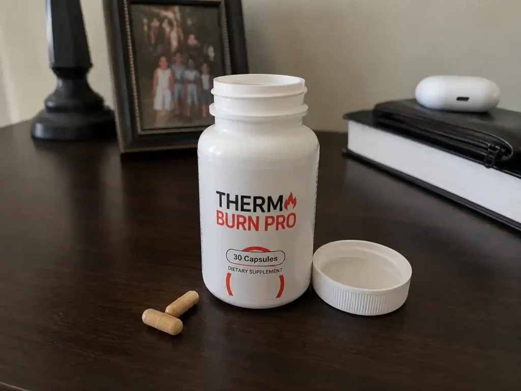 Thermo Burn Pro capsules beside opened bottle.