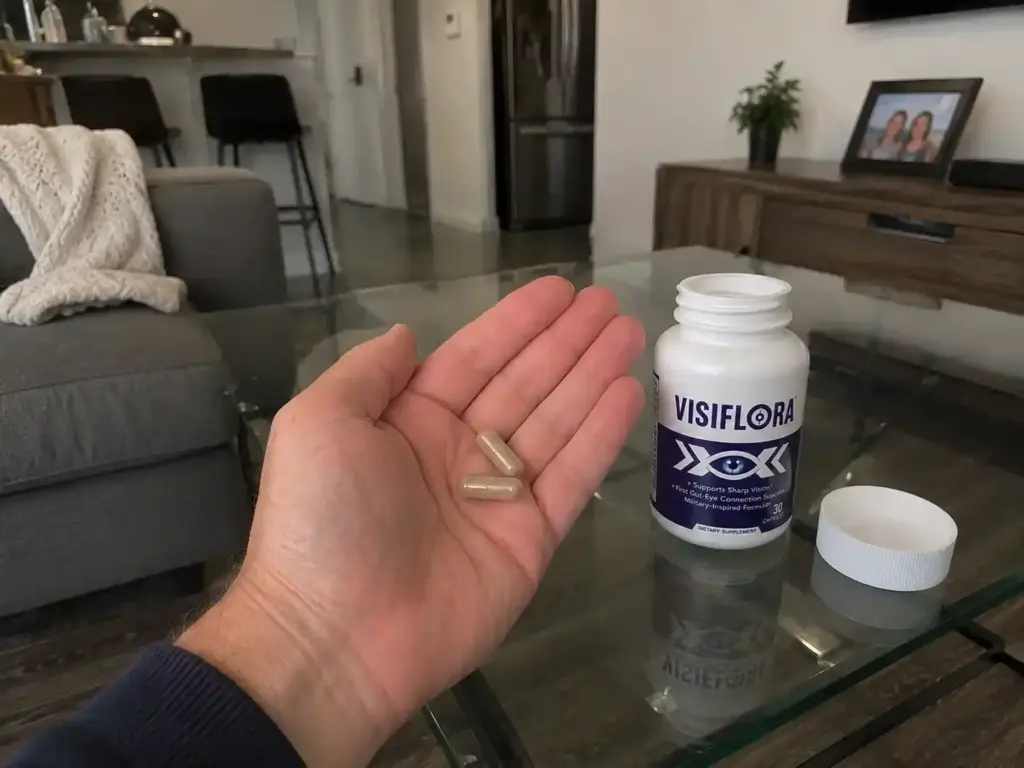 VisiFlora capsules with opened supplement bottle