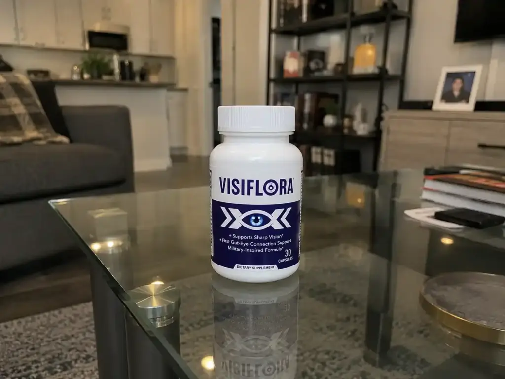 VisiFlora eye supplement bottle on glass table