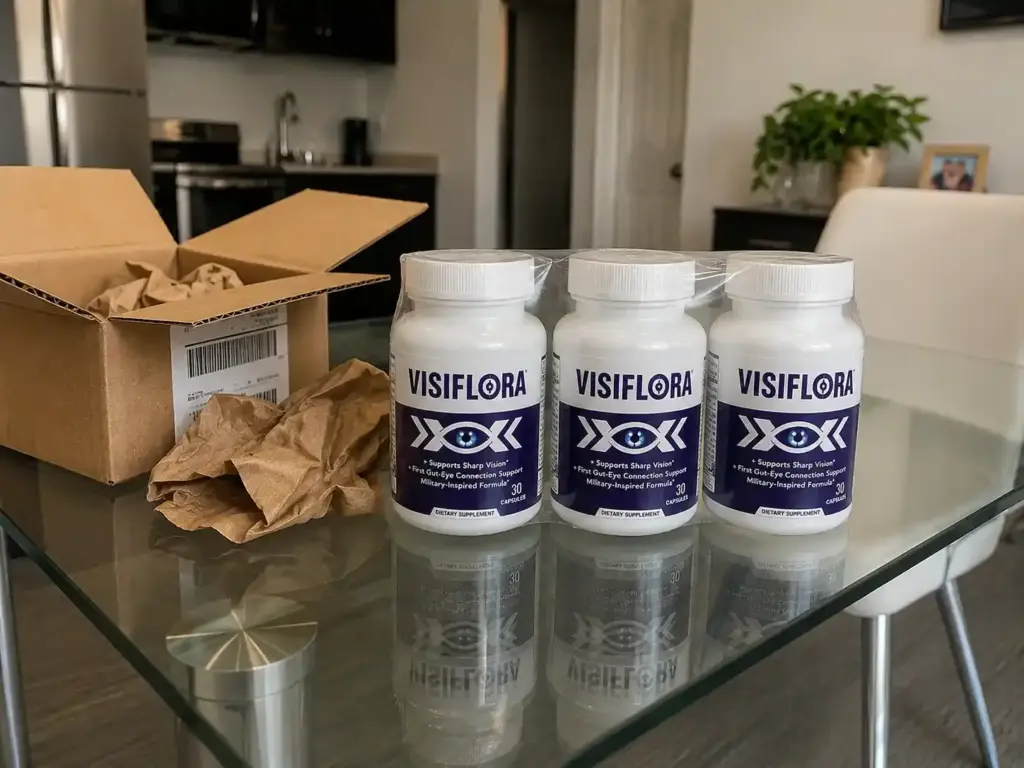 VisiFlora unboxing with three supplement bottles