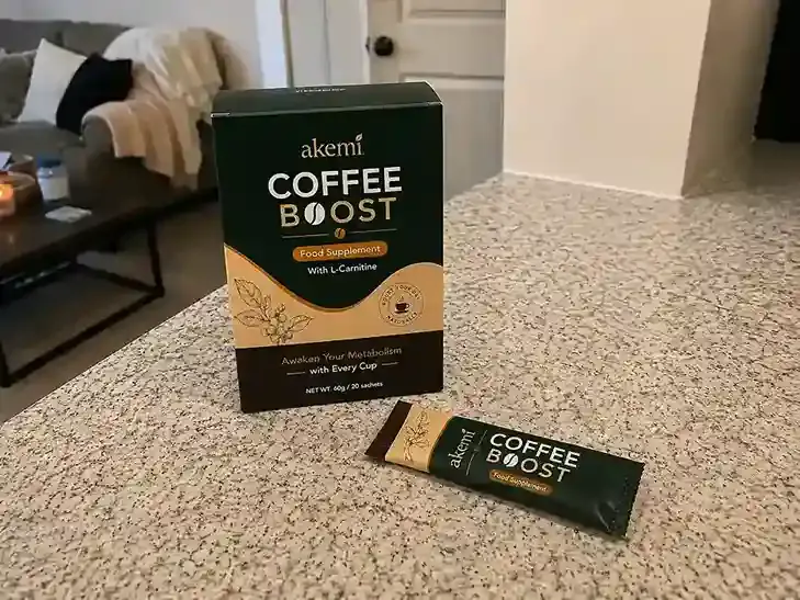 Akemi Coffee Boost coffee supplement sachet and box.