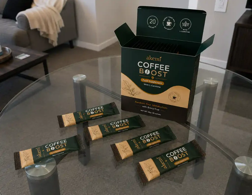Akemi Coffee Booster supplement sachets and box.