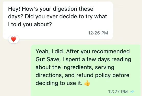 Friend recommending Gut Save in a WhatsApp chat