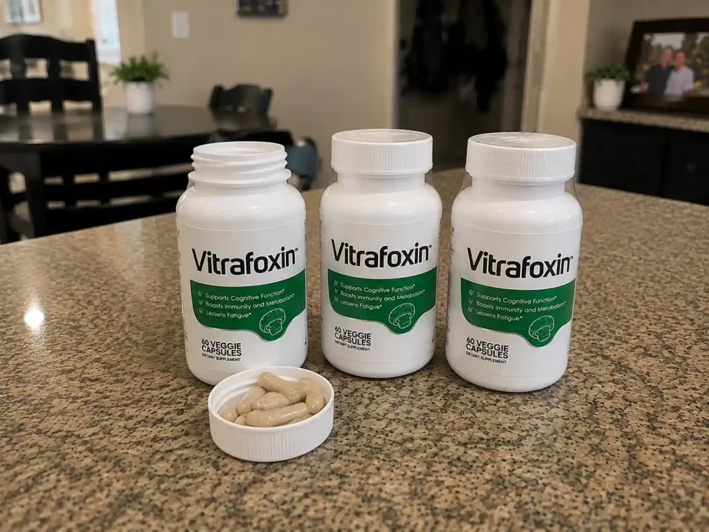 Multiple Vitrafoxin supplement bottles displayed together