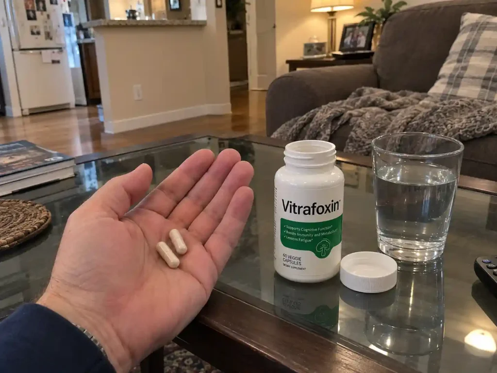 Person holding Vitrafoxin capsules with bottle on side