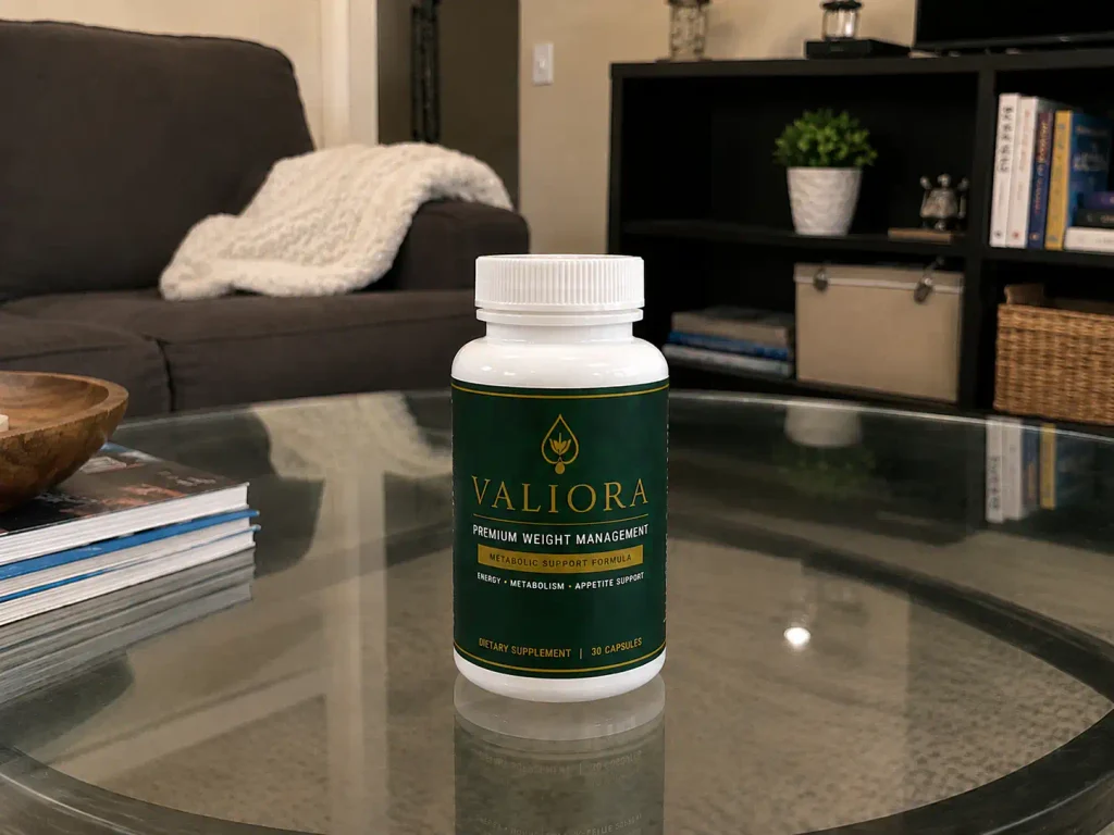 Valiora supplement bootle on a table