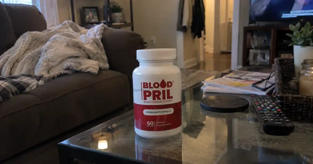 Bloodpril supplement bottle on table