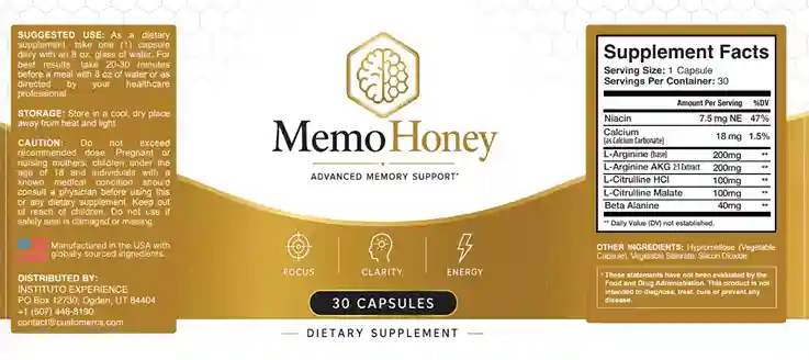 Memo Honey Memory Support Supplemet Label
