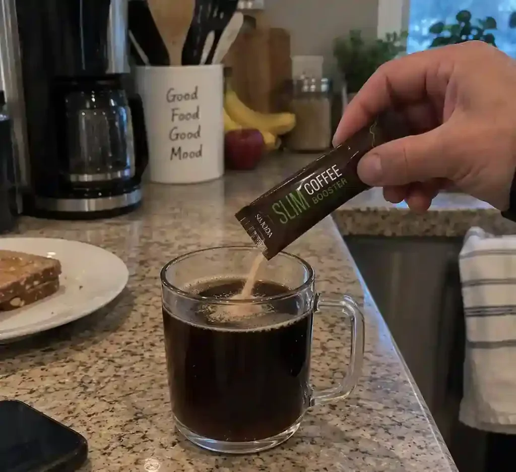 Slimqa Coffee Booster poeder mixing into coffee