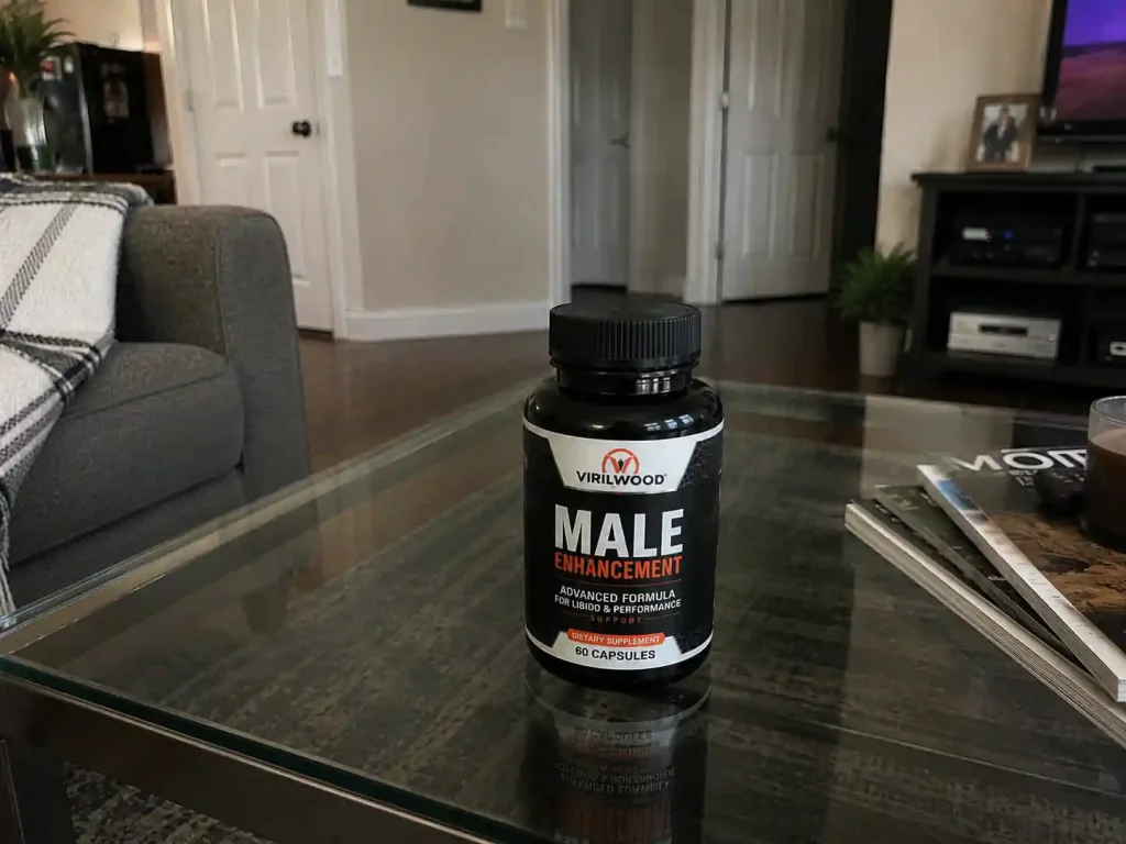 Viril Wood supplement bottle on a table