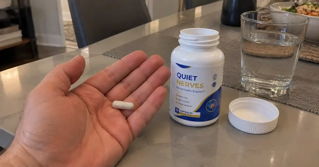 hand holding QuietNerves capsules