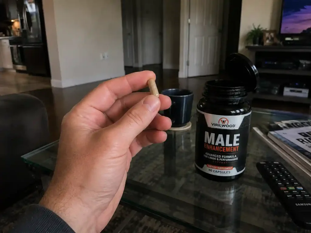 hand holding Viril Wood capsules