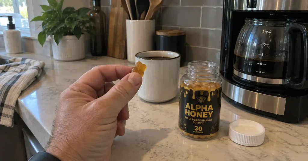 hand holding one Alpha Honey Gummy