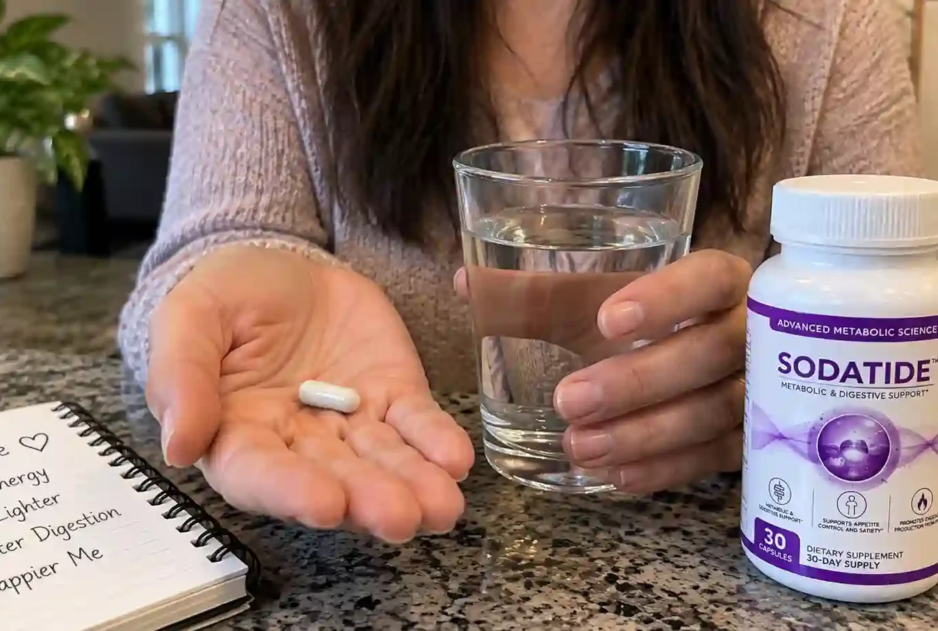 sodatide capsule with glass of water