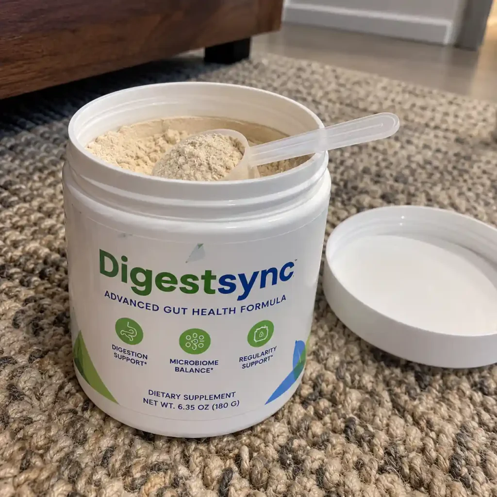 Digestsync Gut Health Supplement on Woven Rug